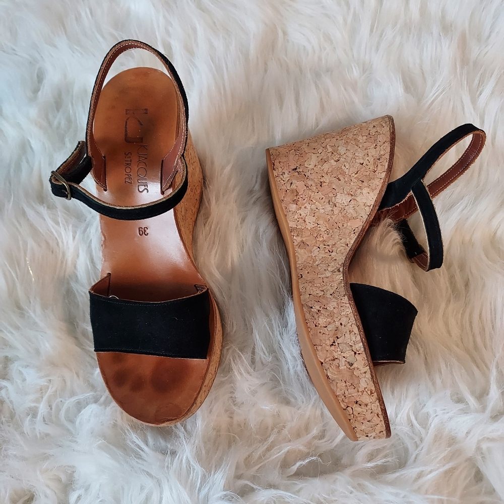 KJacques St Tropez Leather Wedge Sandals with High Cork Heel Adjustable Straps